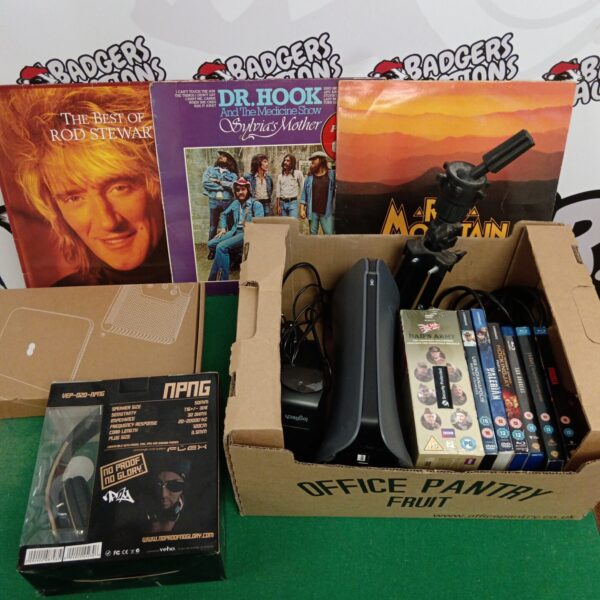 Box of mixed to include dvds, vinyl records & npng headphones