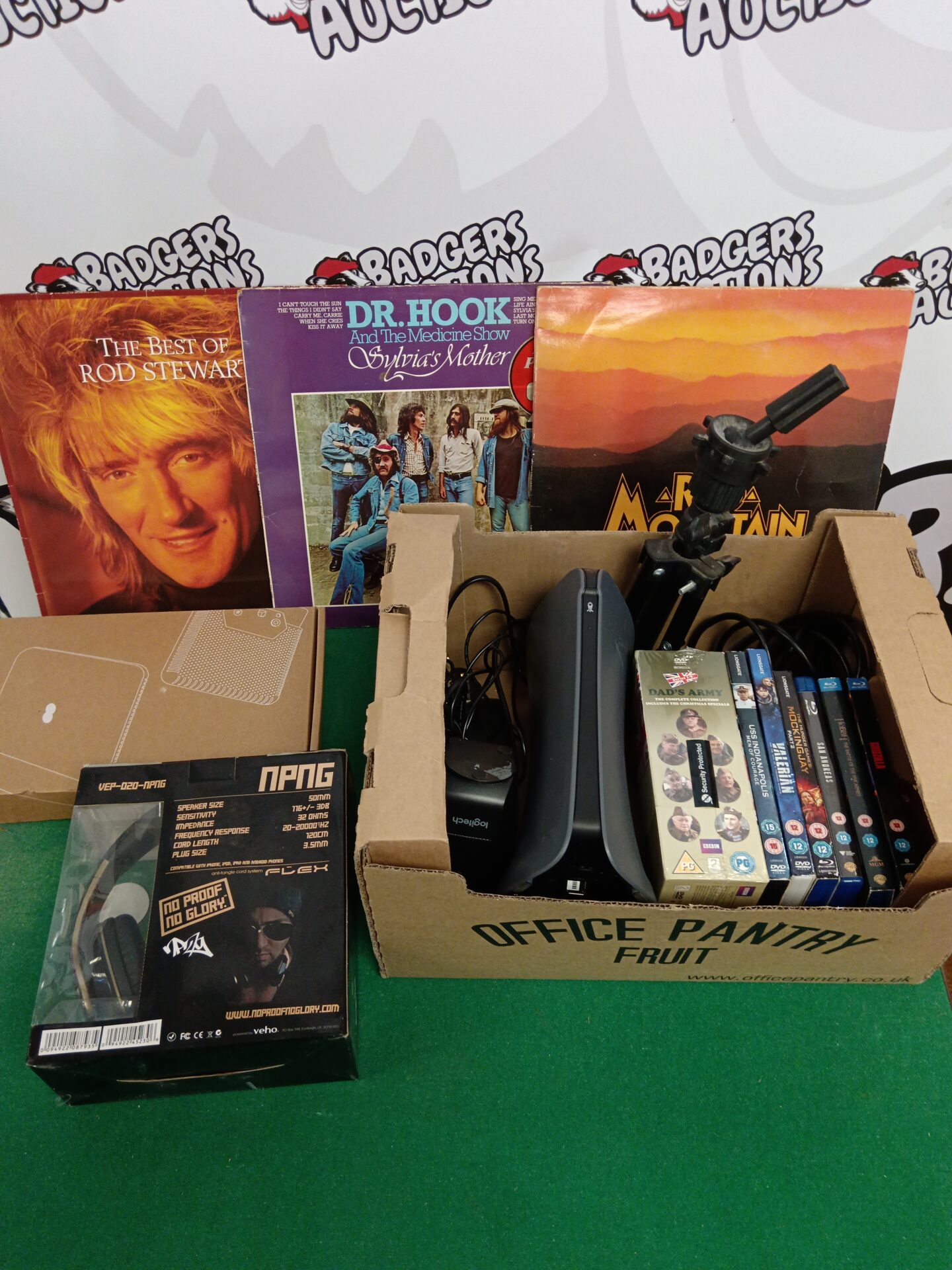 Box of mixed to include dvds, vinyl records & npng headphones