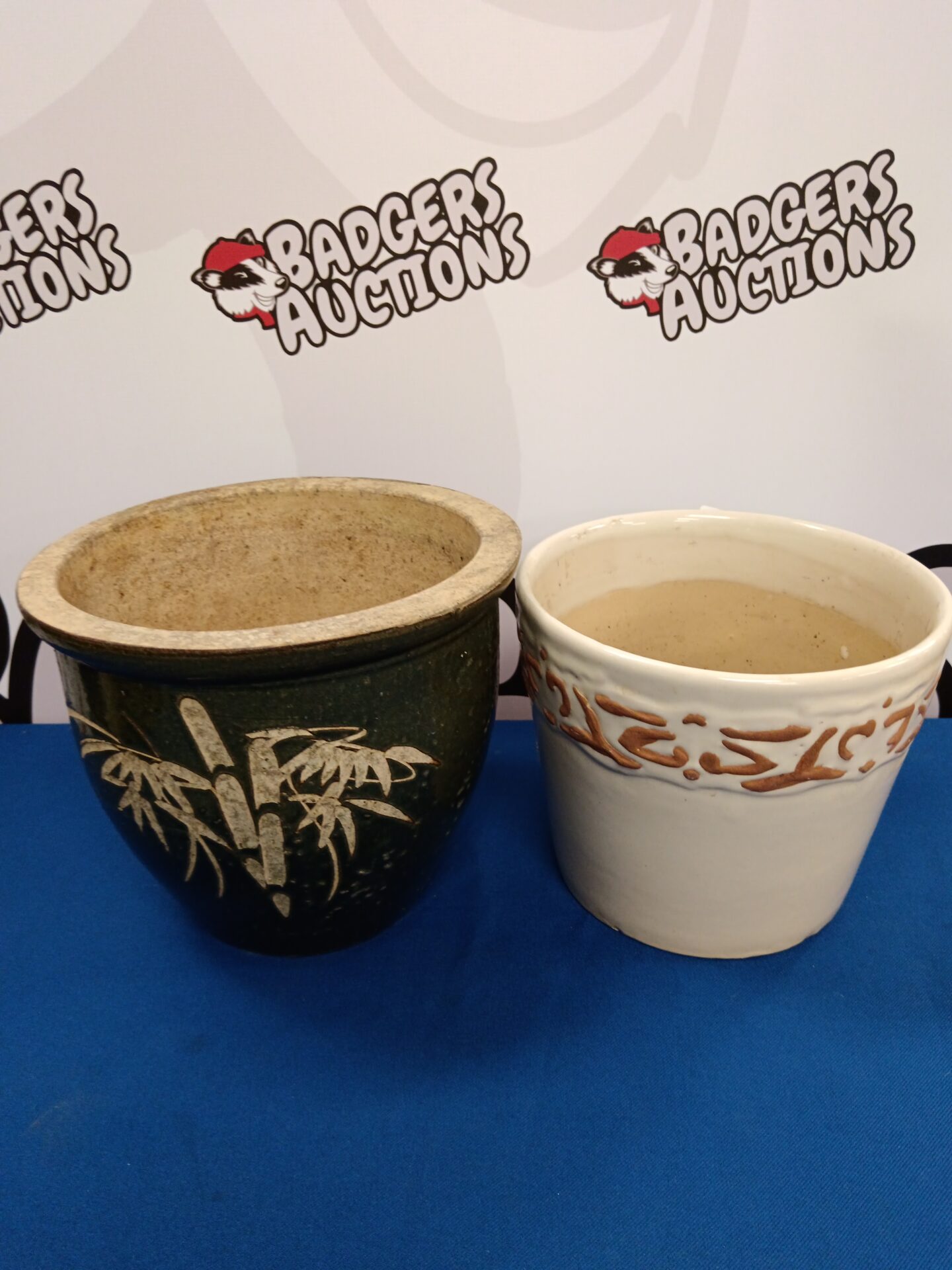 Two 8" glazed plant pots