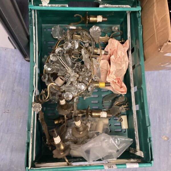 tray of brass & cut glass chandeliers