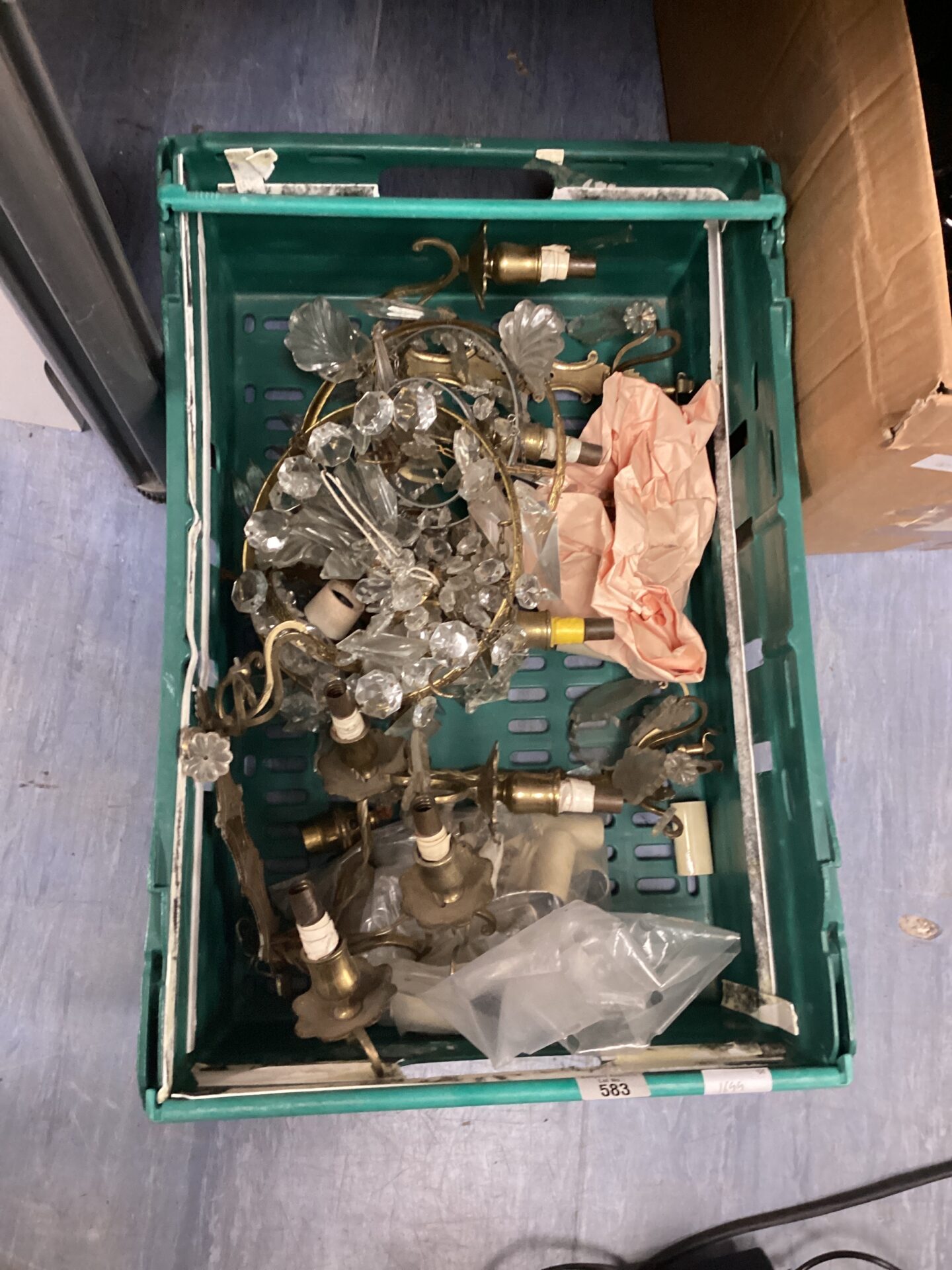 tray of brass & cut glass chandeliers