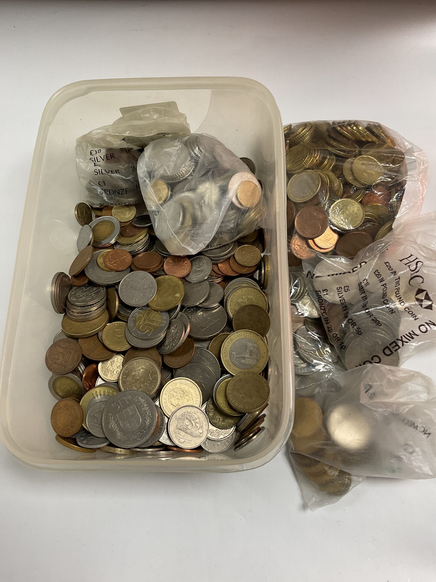 Tub and Bags of Assorted Coins