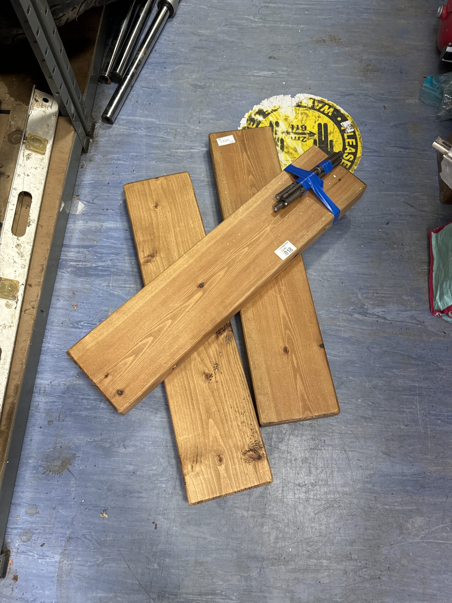 Three thick oak floating shelves 25.5” length x 6” depth approx - only two have fixings