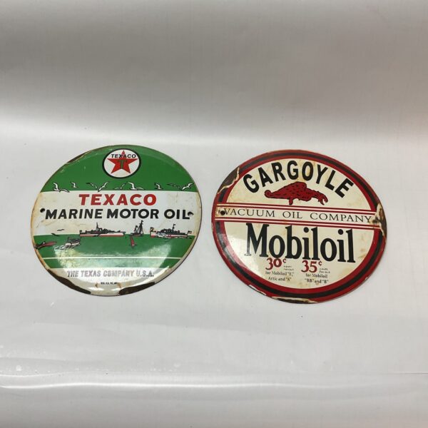 Two Vintage 6” Metal Enamel Oil Signs Texaco and Mobiloil