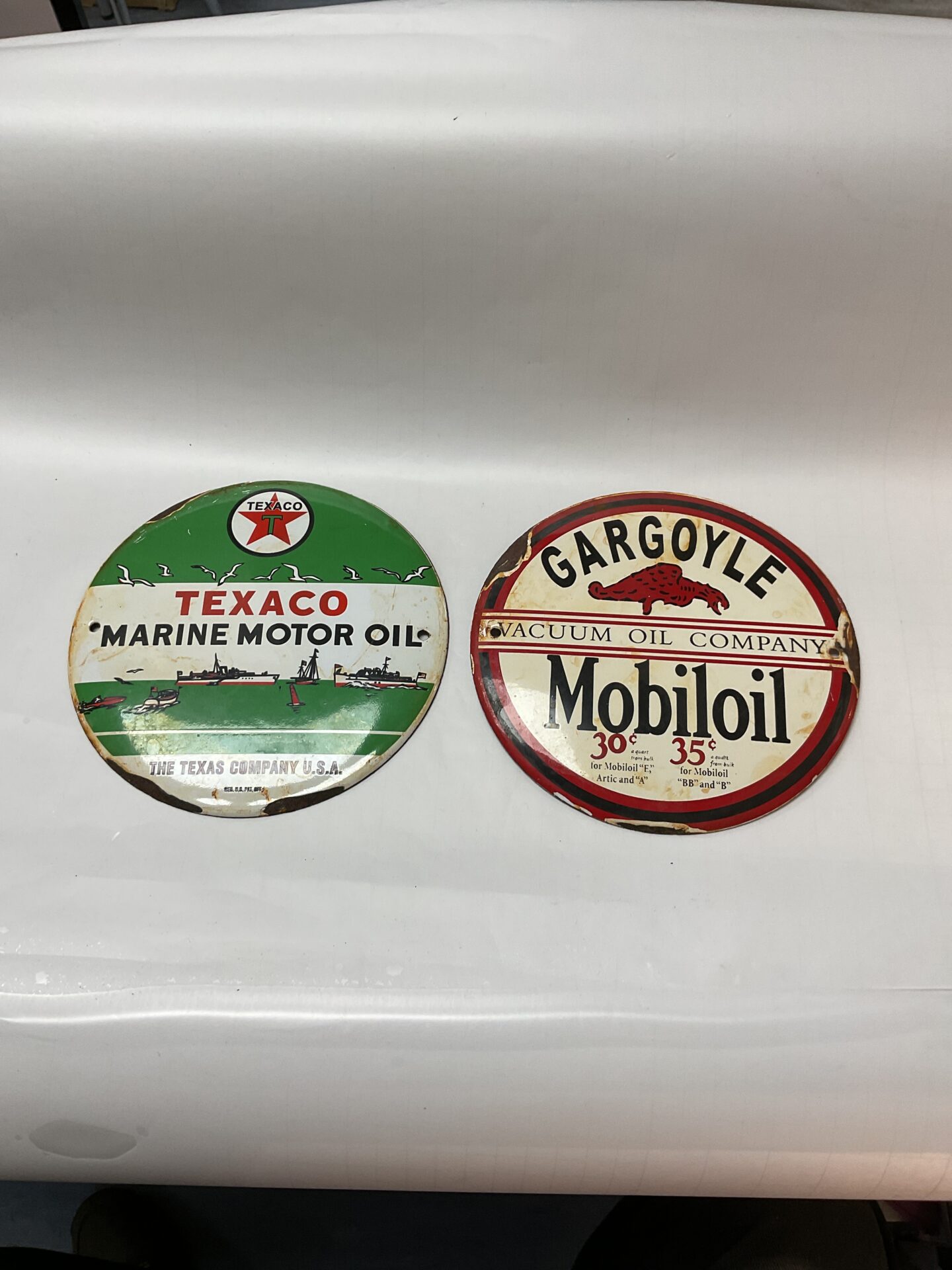 Two Vintage 6” Metal Enamel Oil Signs Texaco and Mobiloil
