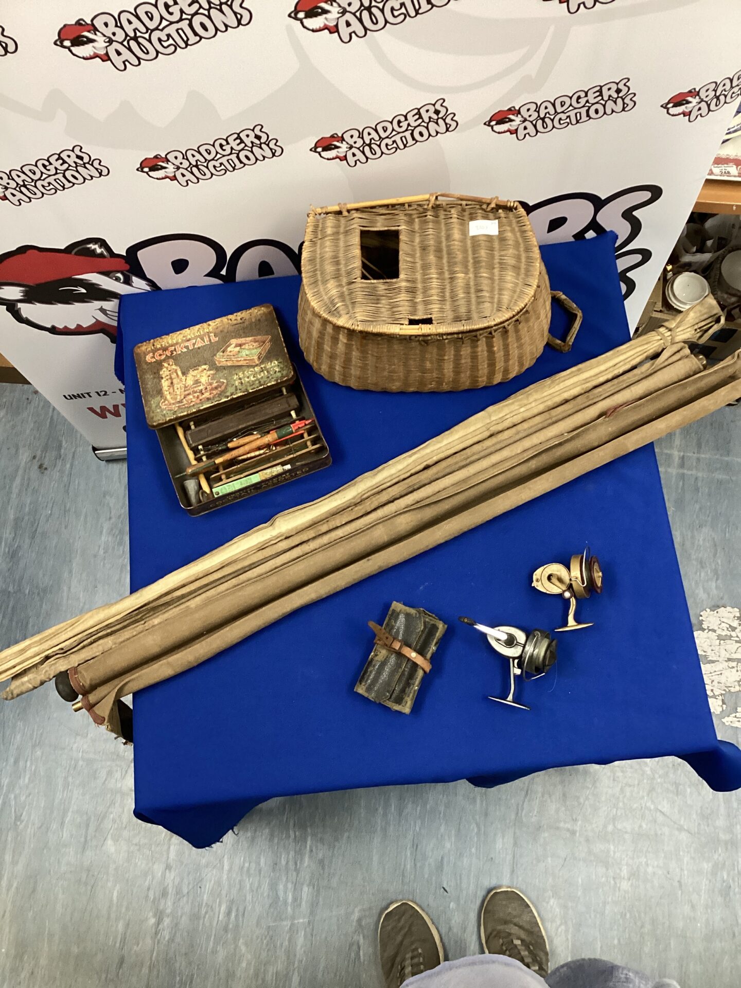 3 vintage fishing poles; james B Walker S7, cane fly rod & split cane float rod, 3 reels including KP Morritt, the Bijou fly, noris boy and mixed tackle