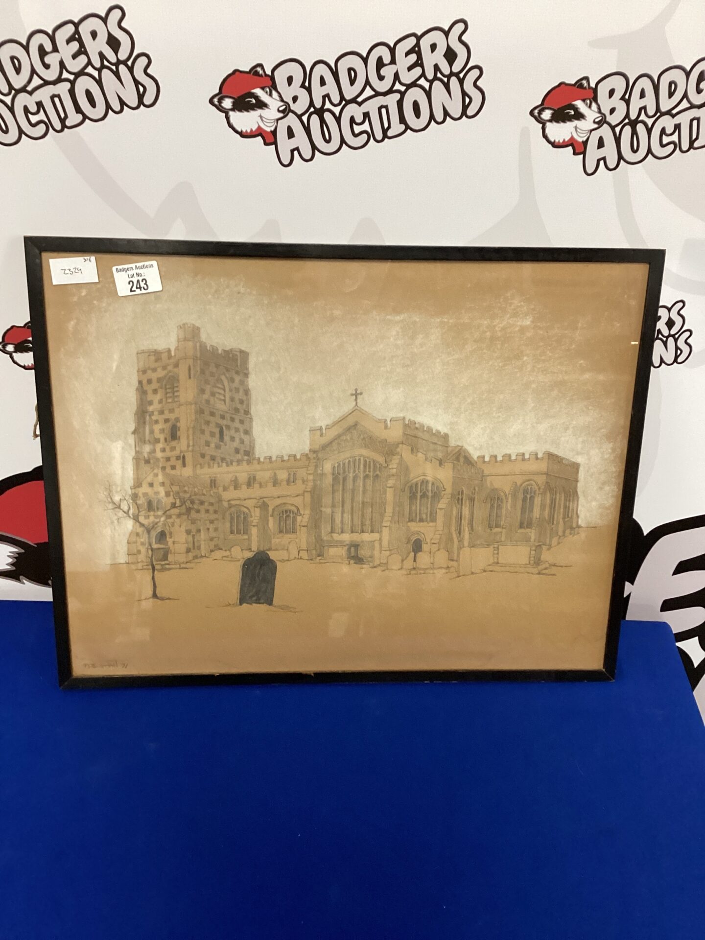 Framed signed drawing of a church