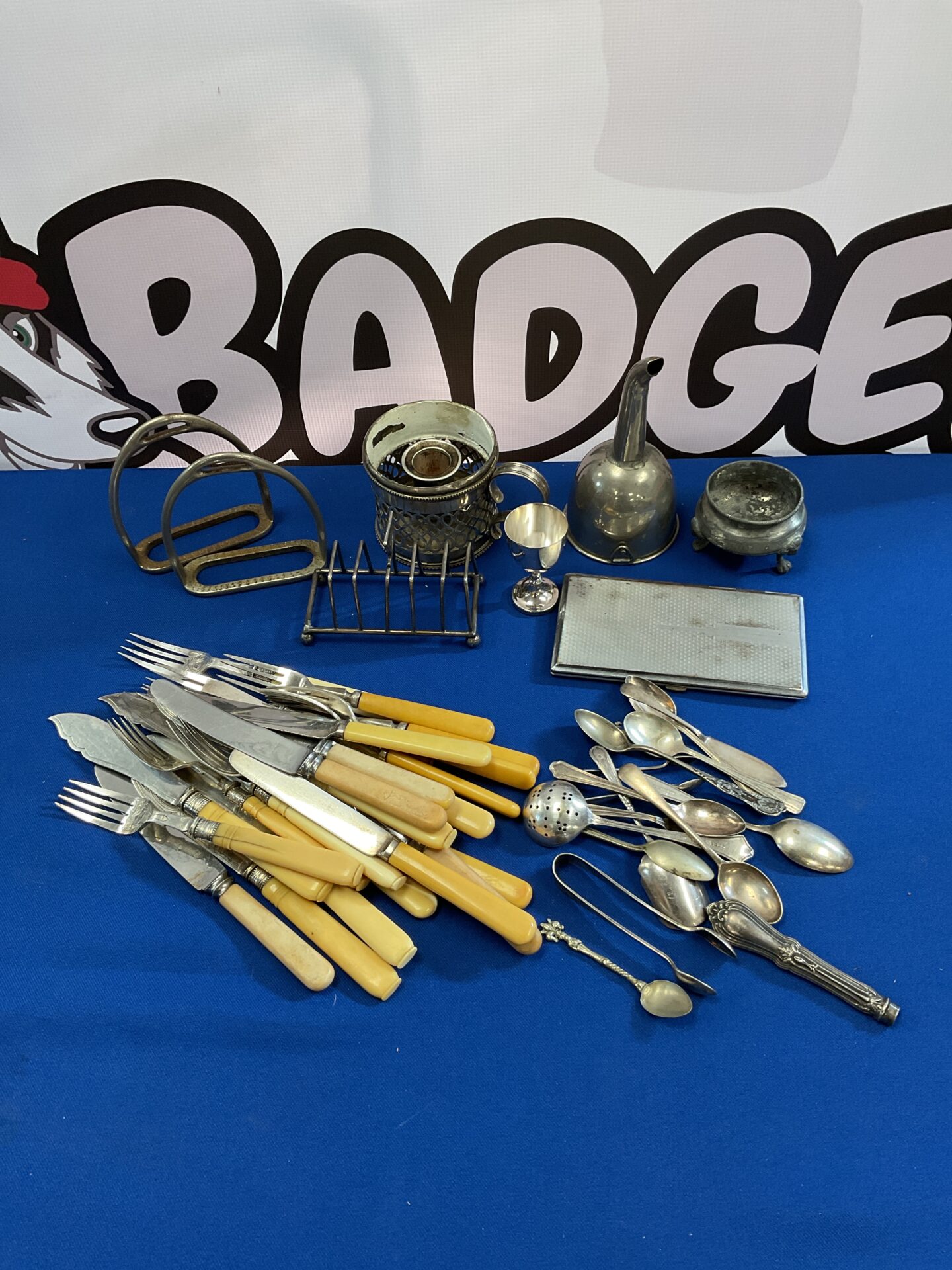 Box of mixed silver plate & metalware including bone handled cutlery