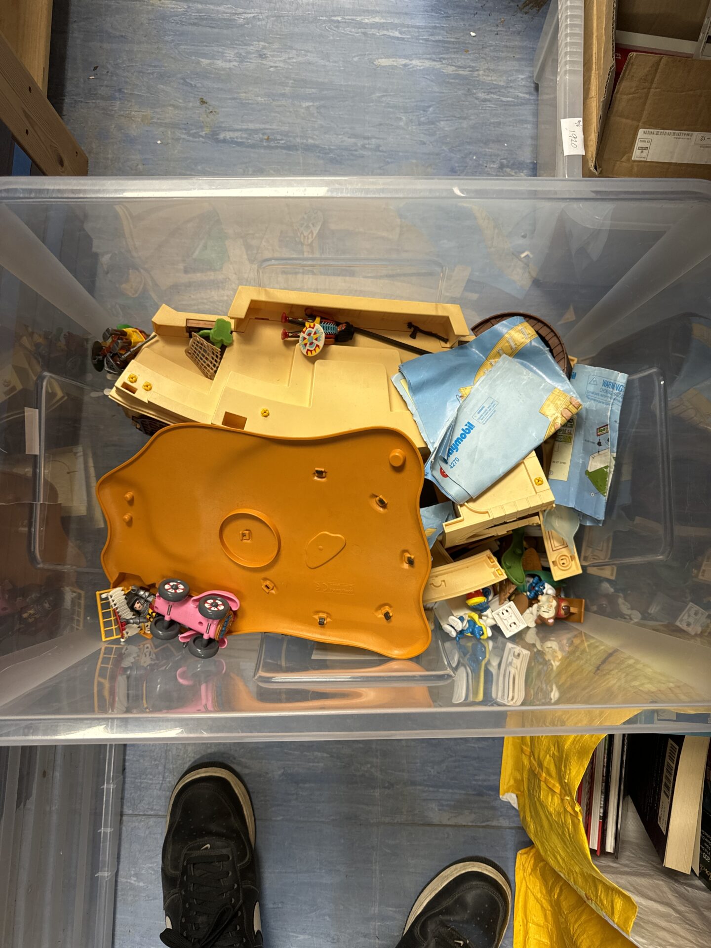 Large box of playmobil, peyo smurfs & other toys