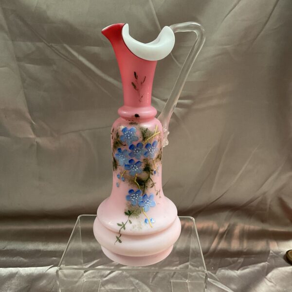Victorian Opaline Pink Hand Blown 9” Ewer With Hand Decoration