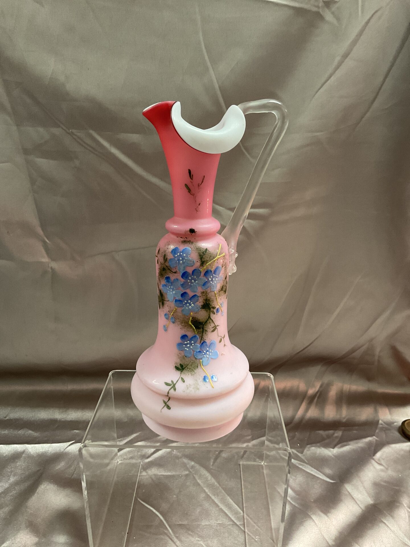 Victorian Opaline Pink Hand Blown 9” Ewer With Hand Decoration