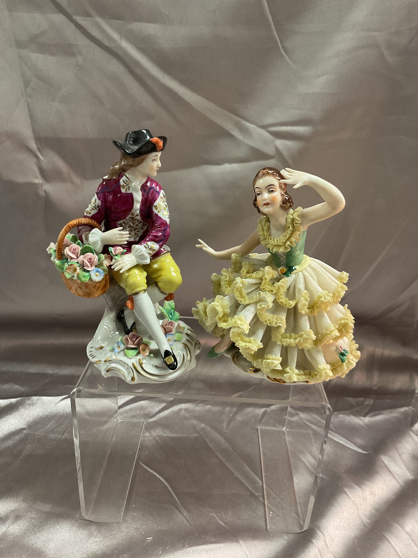 Antique Dresden Fine Porcelain Ballerina and Sitzendorfer Flower Seller Porcelain Figure