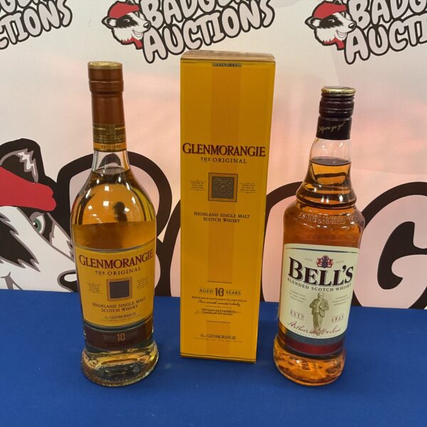 Bottle of Bells Whiskey and Boxed Bottle of Glenmorangie Single Malt Scotch Whiskey