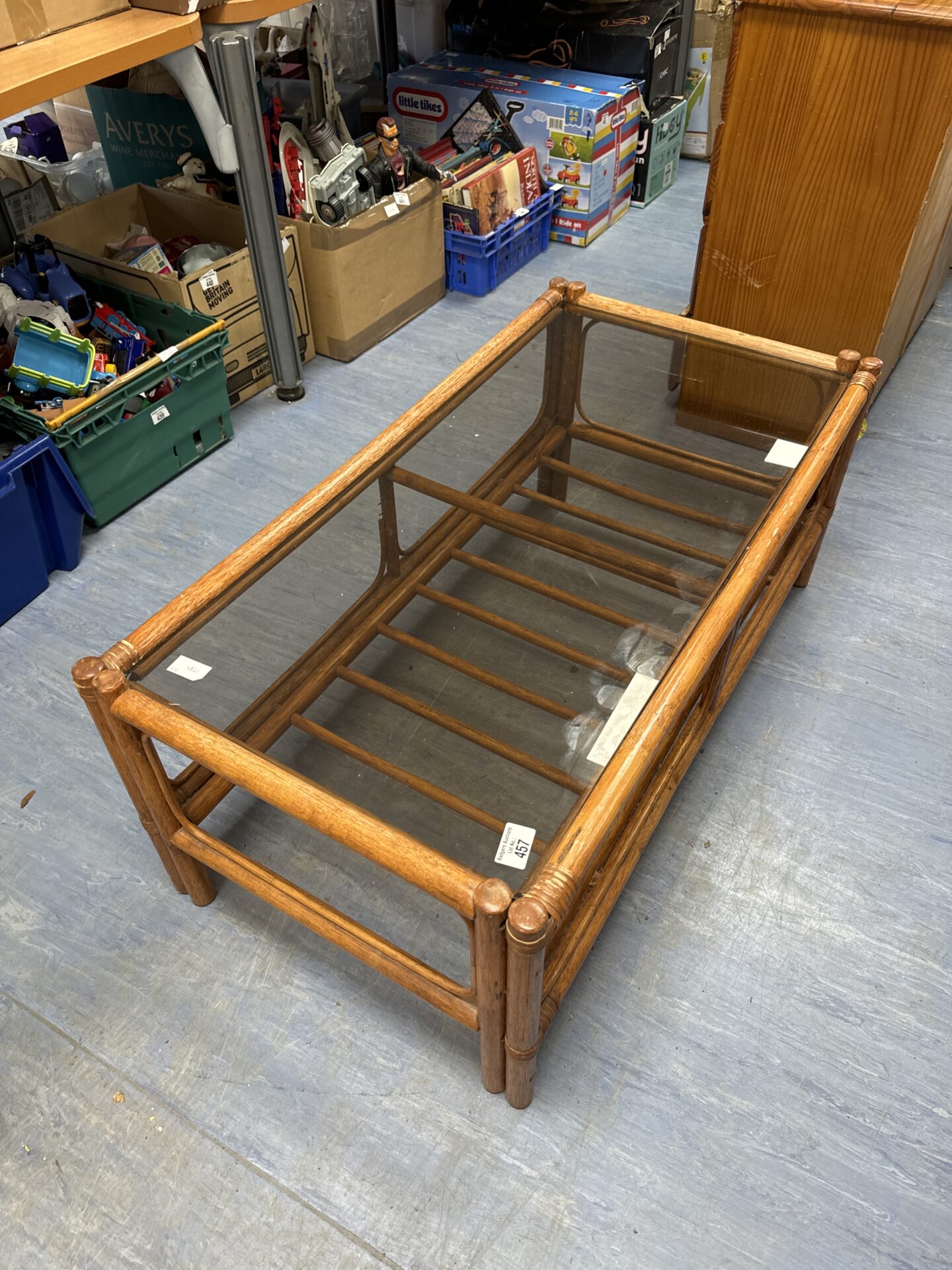 Glass topped bamboo coffee table (missing small trim from underside) 38” length x 20” depth x 15.5” height