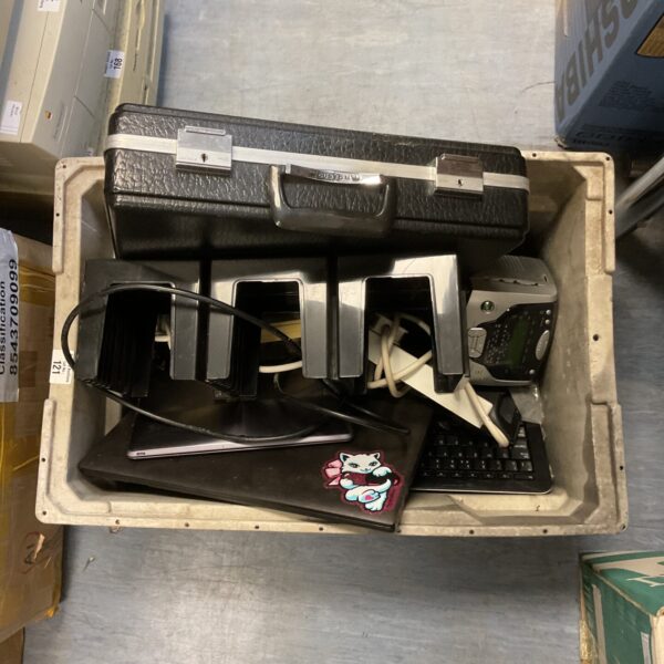 Box of electronic accessories including 2 laptops