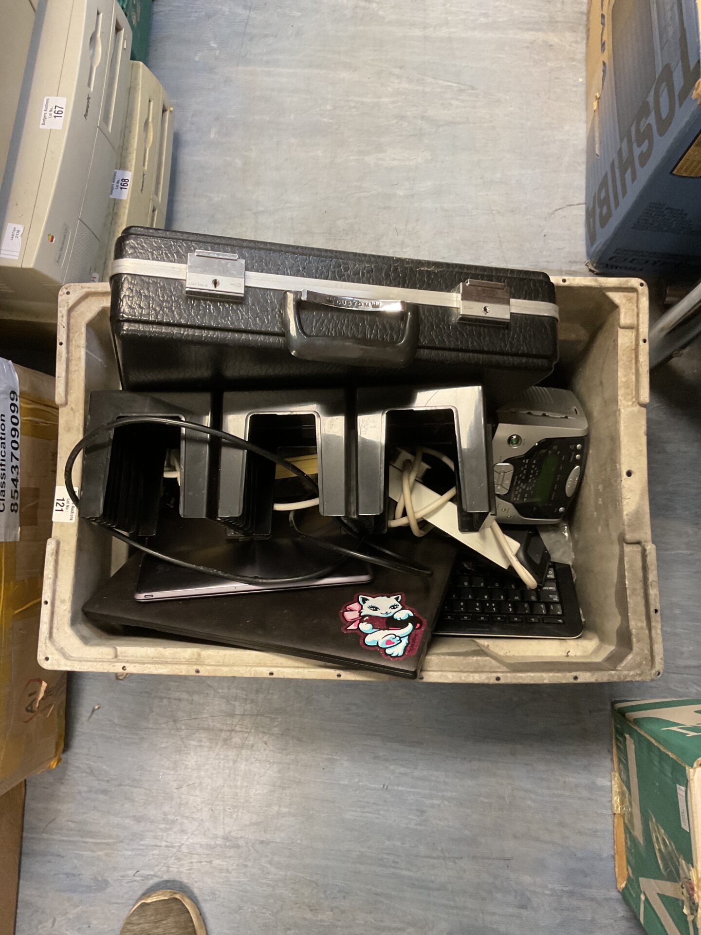 Box of electronic accessories including 2 laptops