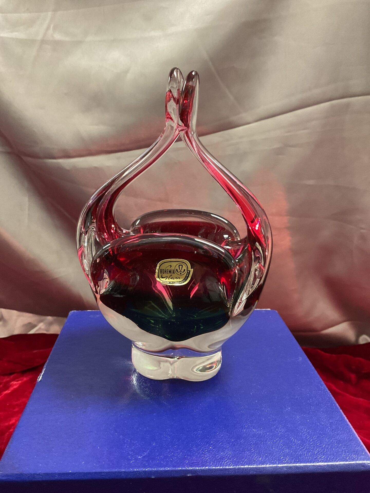 Hand Made Bohemian Glass Cranberry Colour Basket Vase