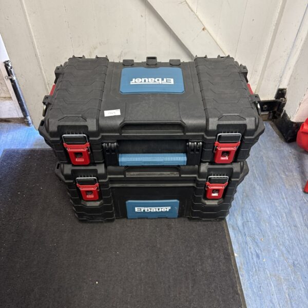 Two erbauer interlocking stackable tool boxes