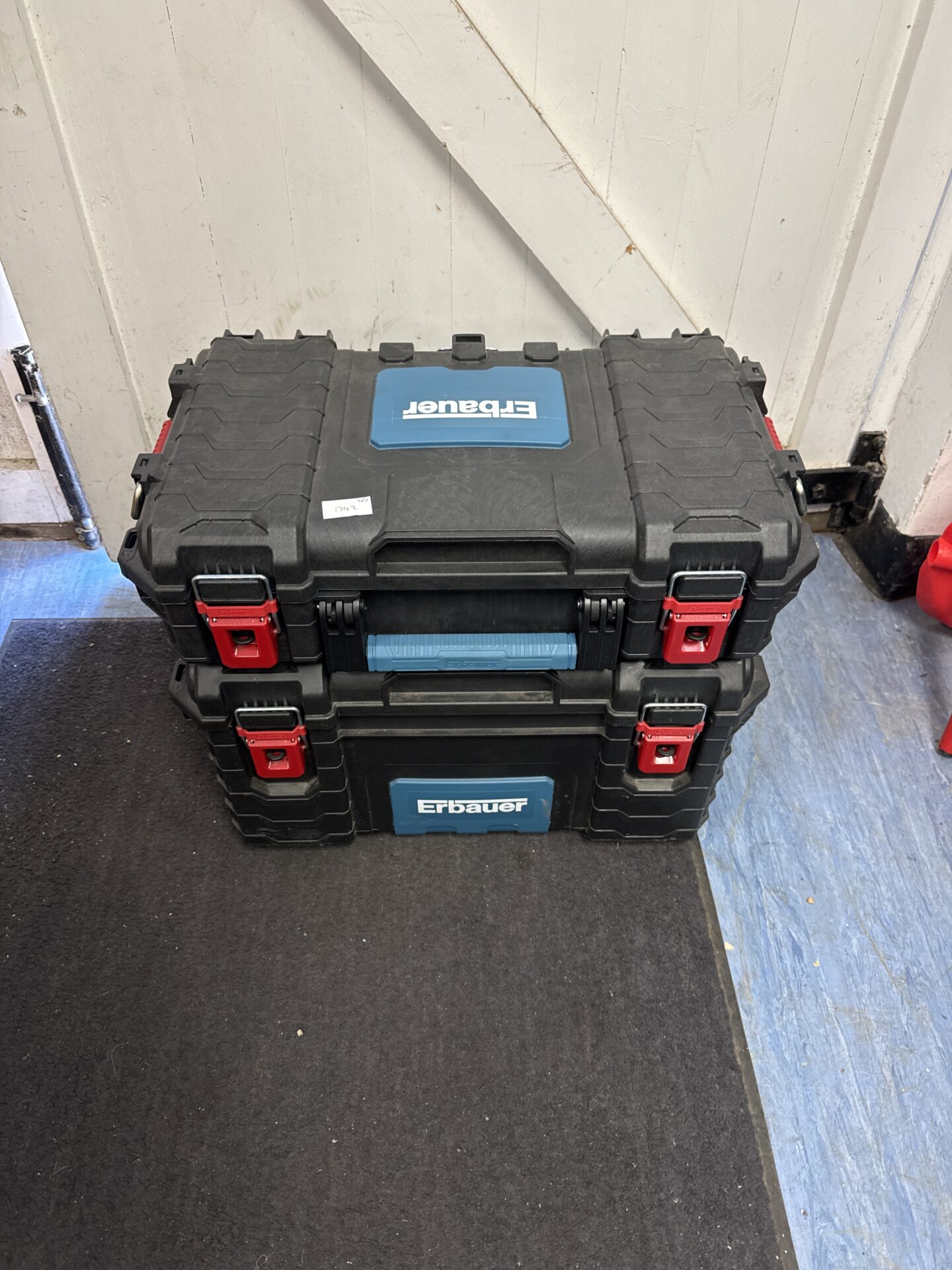 Two erbauer interlocking stackable tool boxes