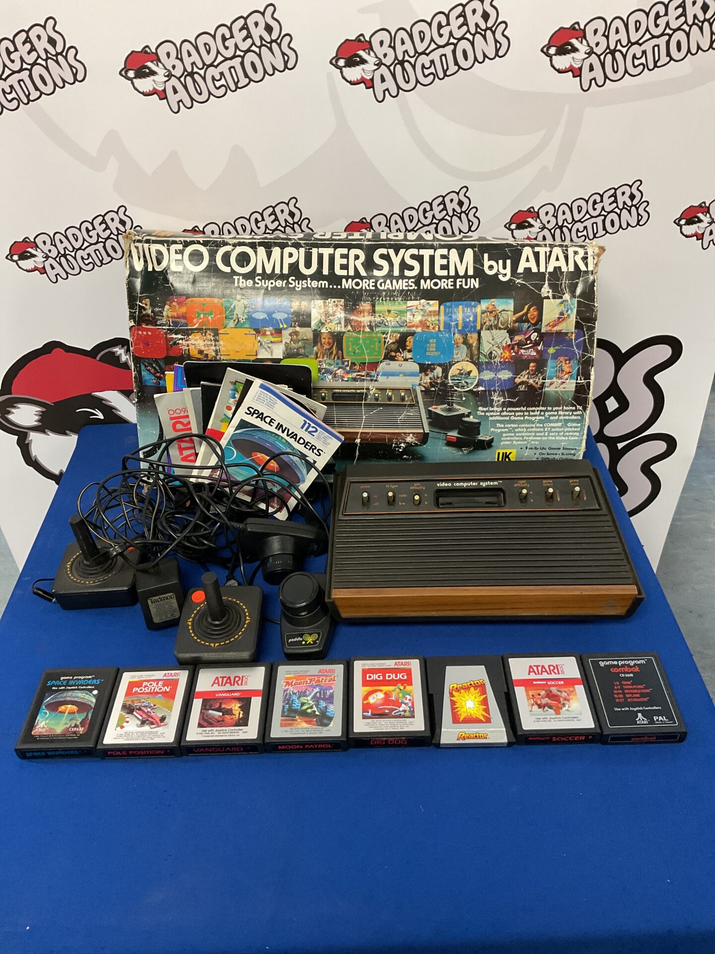 Atari 2600 woody console with cables & games