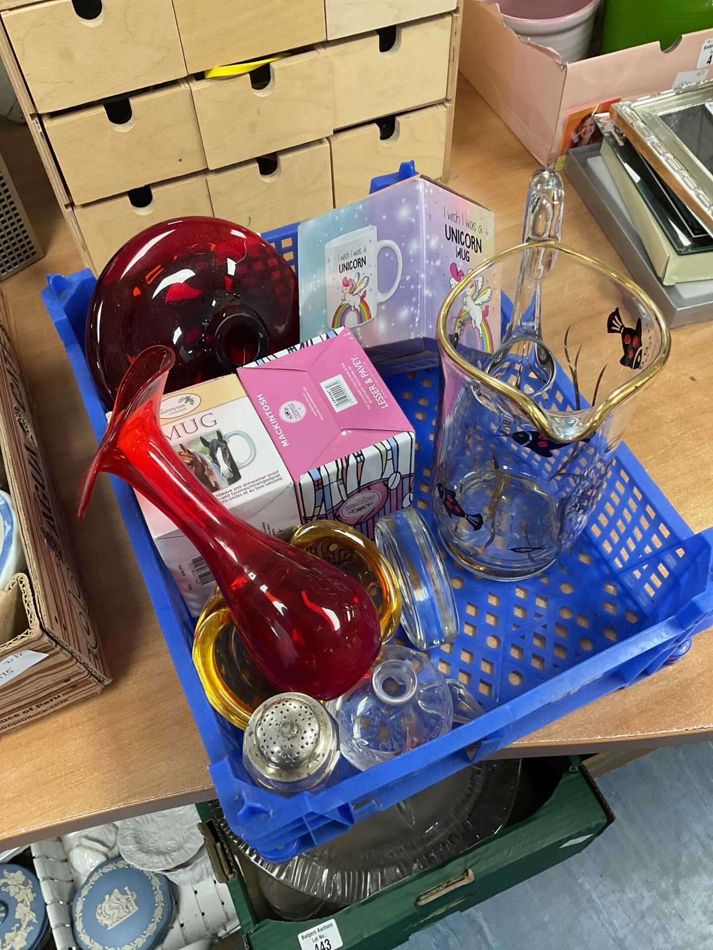 Tray of glassware with horse and unicorn mug