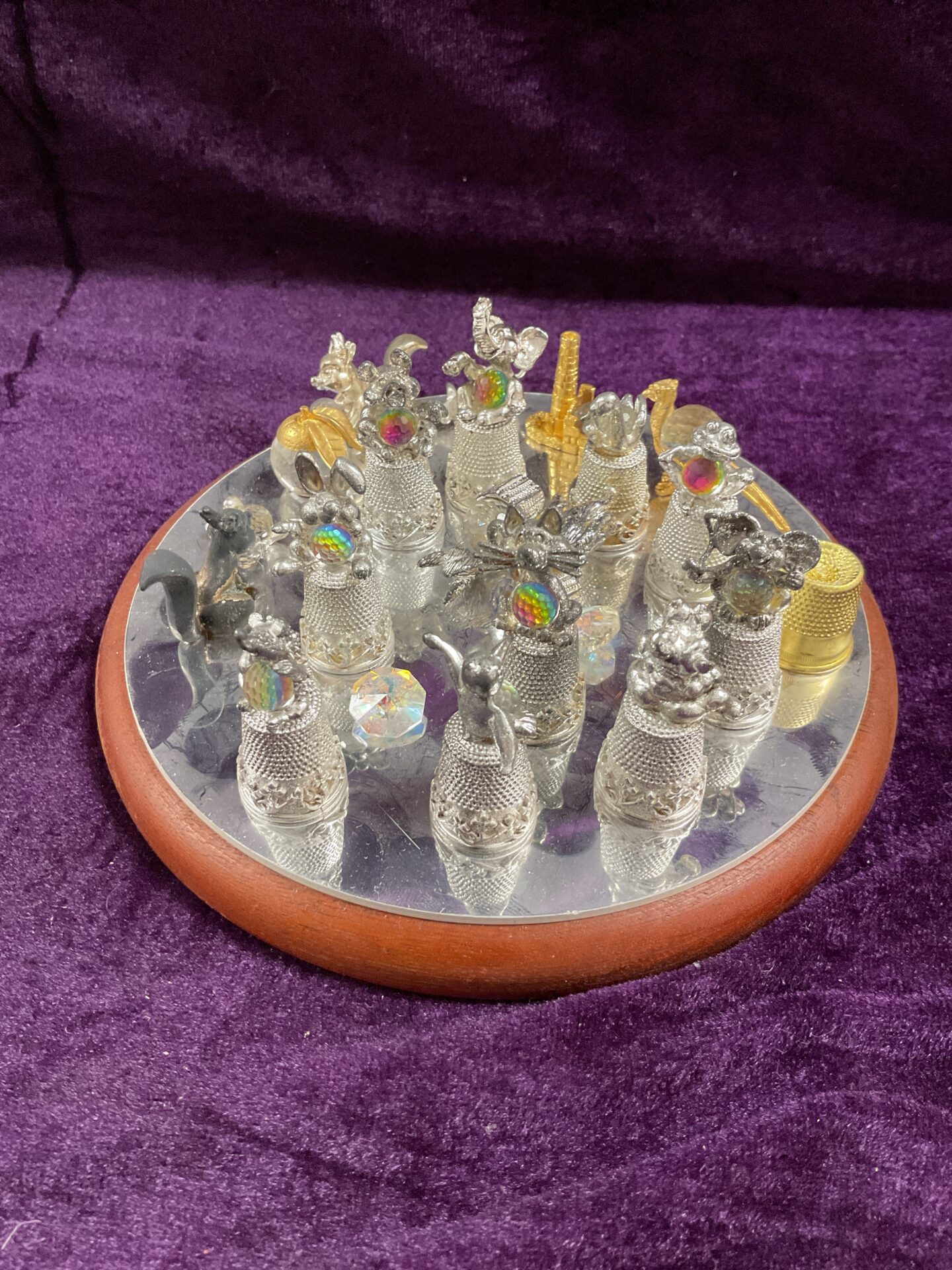 Mirror display with Collectable Animal thimbles and crystal animals