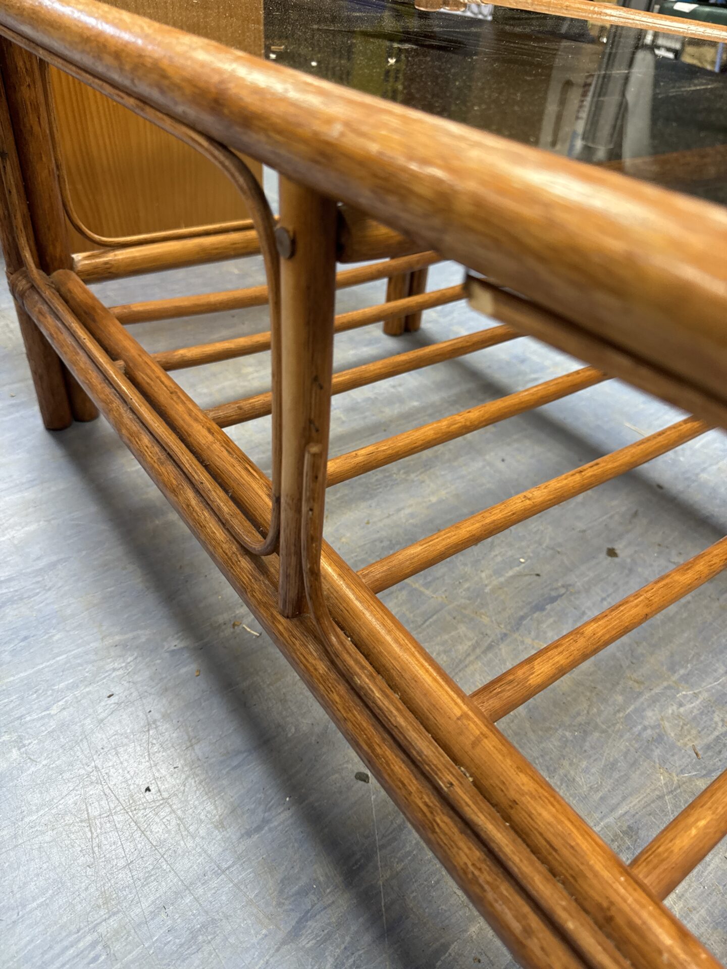 Glass topped bamboo coffee table (missing small trim from underside) 38” length x 20” depth x 15.5” height - Image 2
