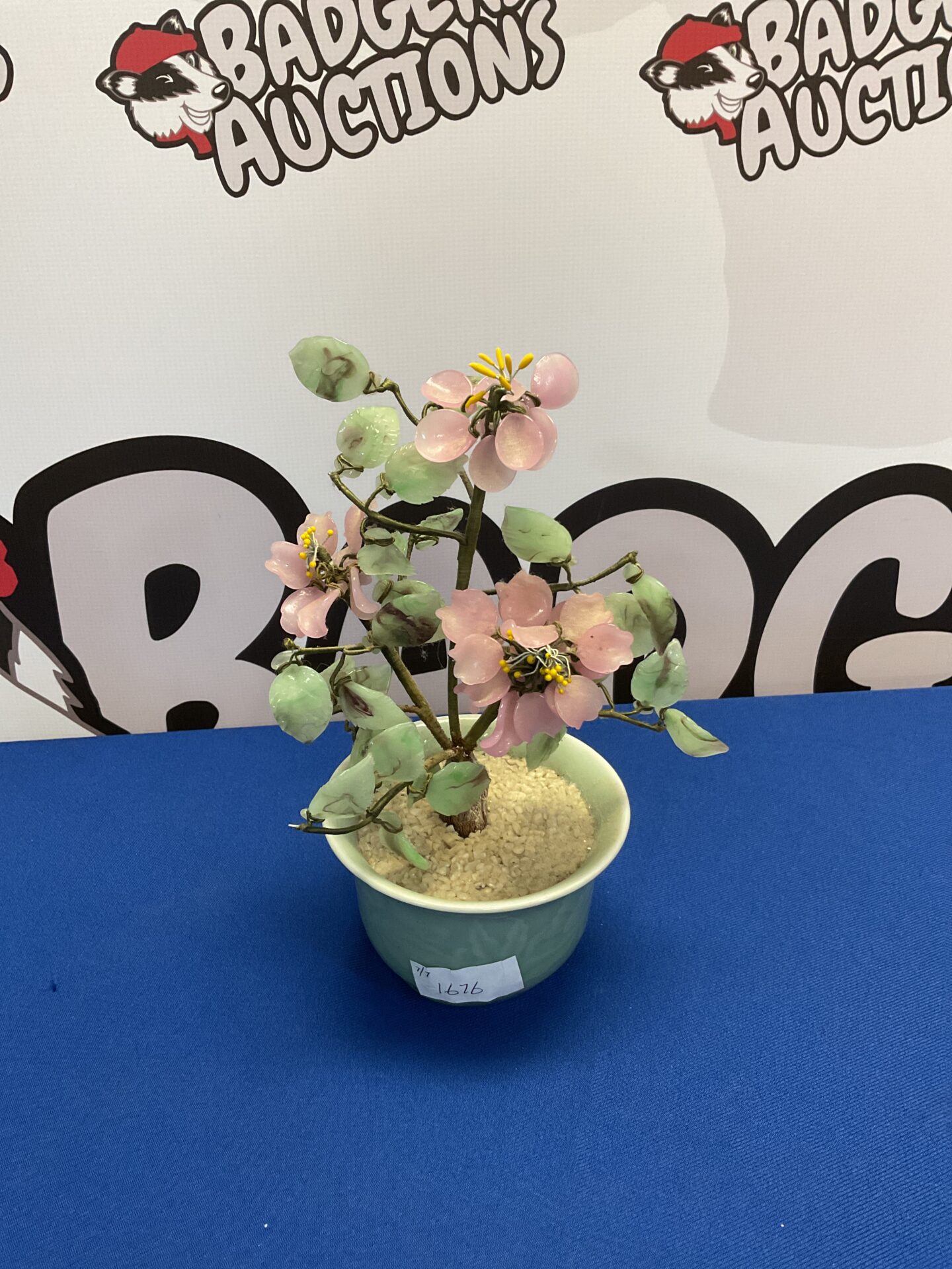 Vintage jade glass & rose quartz glass bonsai tree