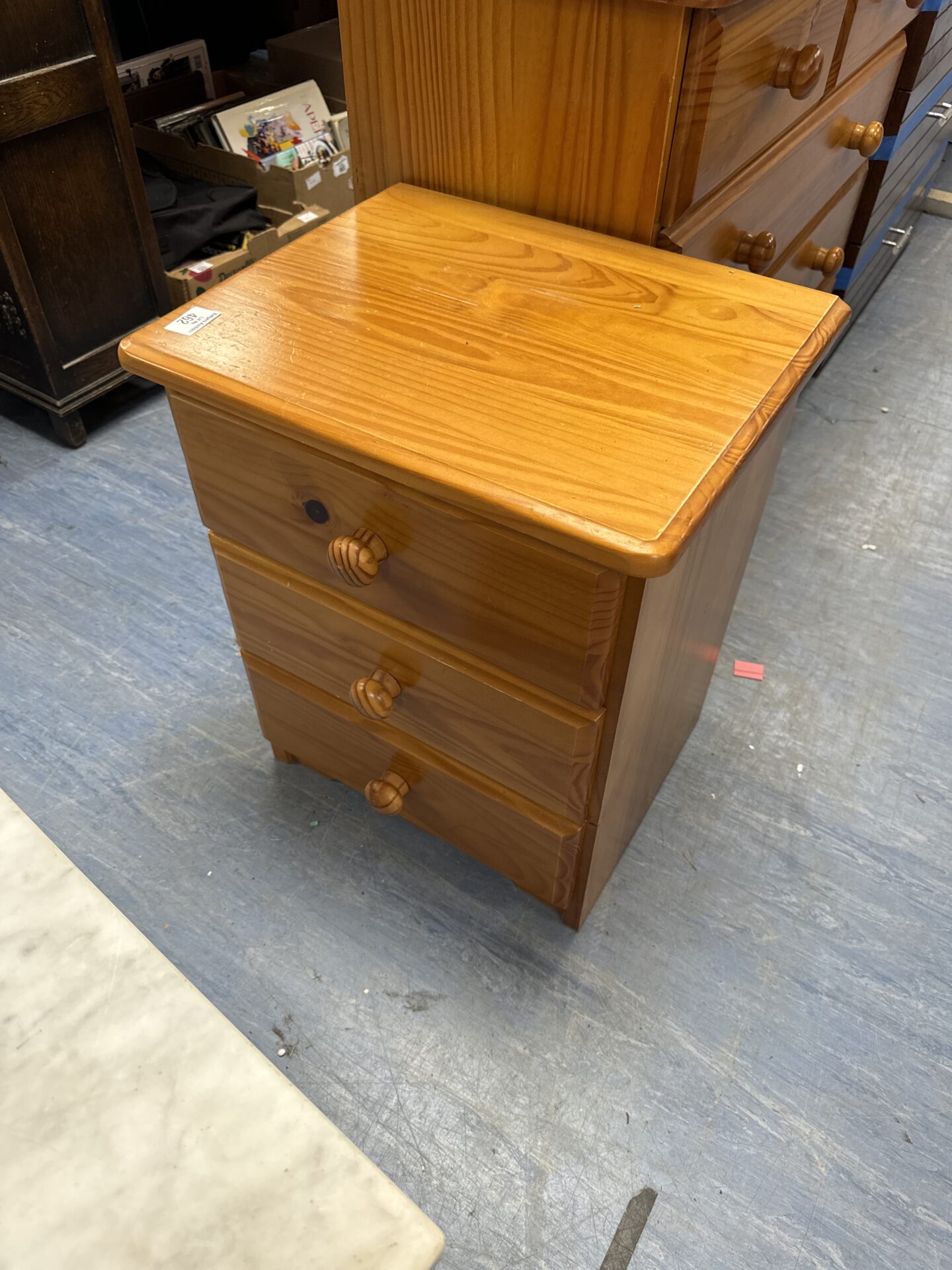 Pine three drawer bedside cabinet 17.5” width x 14.5” depth x 22” height