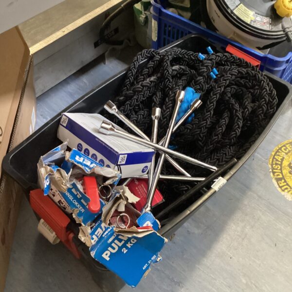 Box of mixed items inc Tow Ropes, wheel braces etc