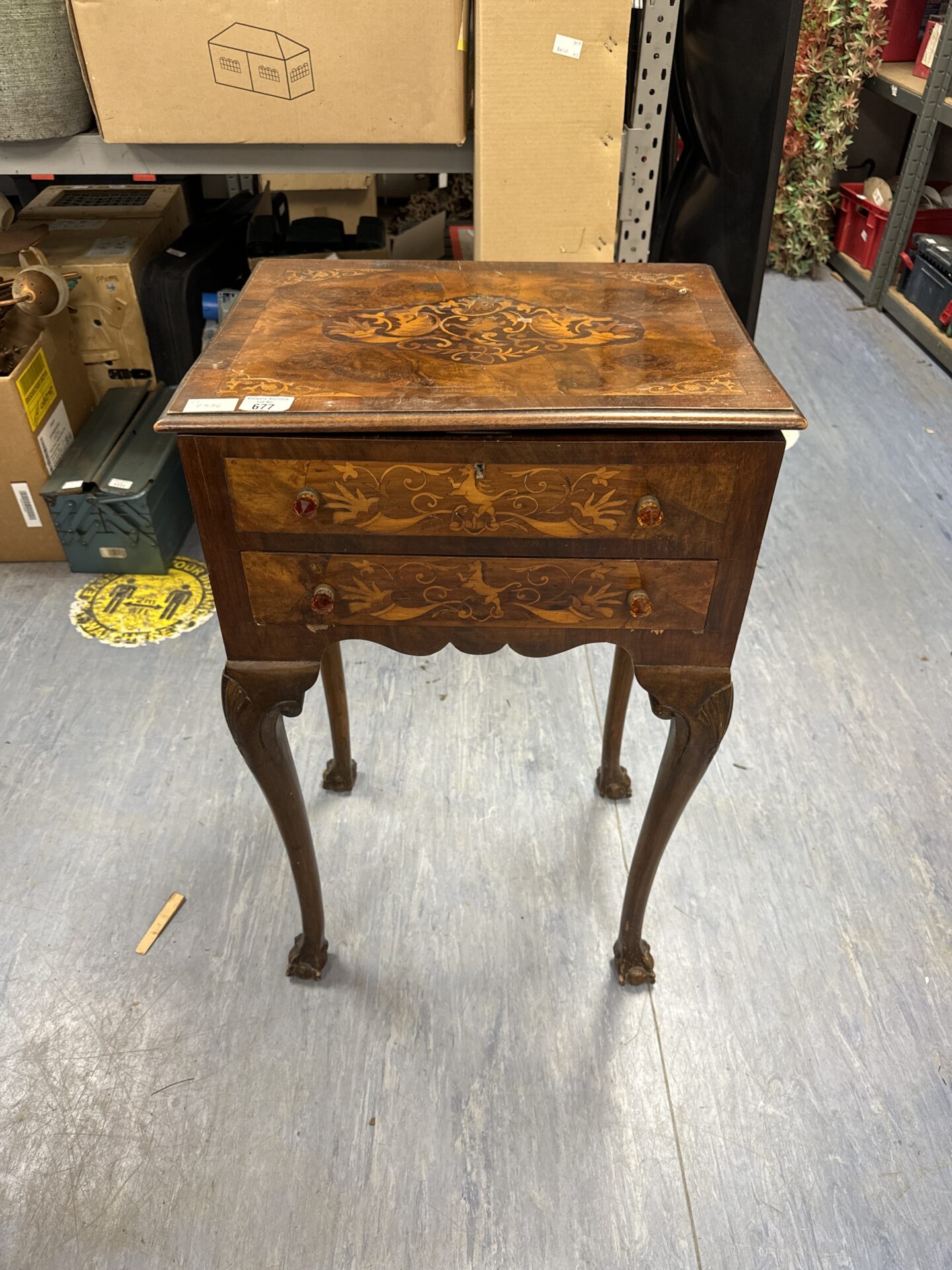 Antique inlaid claw & ball footed sewing box (lid is warped)