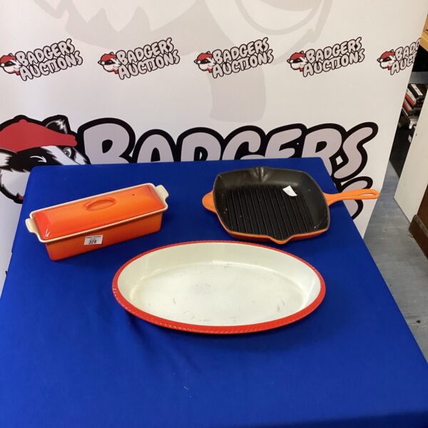 Three Wrought Iron Cooking pots inc Le Crueset Frying Pan